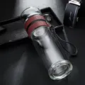 Bouteille d'eau en verre à double paroi avec infuseur à thé et étui en cuir de bureau. - Épaissi / Style Infuseur Long / Rouge Élégant