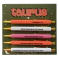 Taurus zodiac theme ballpoint pen set detail view showcasing 5 unique cute quote pens on card. - Taurus