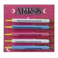 Aries zodiac ballpoint pen set featuring five colorful cute pens on custom backing card. - Aries