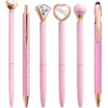Set of six stylish pink and rose gold decorative ballpoint pens with crystal toppers. - Pink