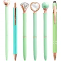 6-piece decorative ballpoint pen set with crystal diamond and metal accents for office use. - Green