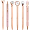 6-piece set of rose gold ballpoint pens with diamond, pearl, and crystal top designs. - Rose Gold