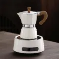 White Moka pot and electric stove set for home espresso coffee brewing with wooden handle. - 1-10 Units / White Zirconia Set