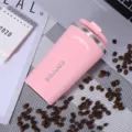 Pink stainless steel vacuum insulated coffee cup, portable office car mug with flip lid. - Pink