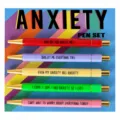 Close-up detail of the 5-piece anxiety theme ballpoint pen set with colorful barrels. - Anxiety