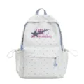 White polka dot canvas backpack for school students with large capacity and front pocket design. - Blue