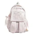 Gros plan détaillé du sac à dos rayé rose style Harajuku avec joli pendentif lapin. - Sans Pendentif / Rose