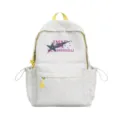 Detailed view of white student backpack with yellow polka dots, front pocket and letter print. - Without Pendant / Yellow