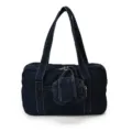 Detail view of the vintage washed dark blue denim shoulder bag featuring dual straps and a small pouch. - Dark Blue