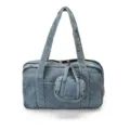 Detailed view of vintage washed denim tote bag for women, casual shoulder bag with mini pouch. - Light Blue