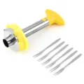 Stainless steel pineapple corer and slicer tool with six fruit forks for kitchen use. - 430 Stainless Steel / Yellow