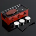 Mini cheese melting set with red cross frame, black grill pan, wooden handle scraper and tea candles. - Red Wooden Handle Set (Pan + Rack + Spatula)