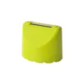 Green plastic palm vegetable peeler with stainless steel blade for efficient fruit peeling. - Green