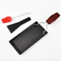 Mini raclette cheese melting pan set with wooden handle, black scraper and red oil brush. - 3-Piece Wooden Handle Set