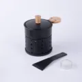 Portable mini round cheese melting pan with wooden handle, grill set and candle for home. - Black with Lid (Kraft Box)