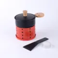 Portable mini round cheese raclette grill set with wooden handle and practical spatula. - With Lid / Red