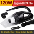 Handheld car vacuum cleaner 120W wet and dry auto vacuuming machine with long hose and attachments. - HEPA Model / Black
