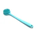 Long handled silicone bath brush in light blue, soft bristles for body scrubbing. - Blue