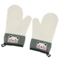 Silicone oven mitts, heat resistant kitchen baking gloves with cute bear pattern, grey and beige variant. - 1 Pair / Beige