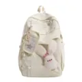 Schöner weißer Canvas-Schulrucksack mit transparenter Herztasche und Plüsch-Häschen-Anhänger. - Weiß