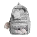Grauer Rucksack mit Sternenmuster transparent Schultasche für Schüler mit Plüsch. - Mit Kaninchen-Anhänger / Grau