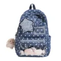 Detailansicht des Jeans-Rucksacks mit Sternenmuster, transparenter Fronttasche und Stern-Etui. - Mit Kaninchen-Anhänger / Dunkelblau