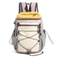 Detail view of the colorful multi-pocket backpack with adjustable drawstrings and straps. - L / Purple Rice Gray Color Block