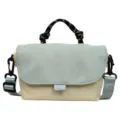 Detail shot of a trendy color-block women crossbody bag with rope handle and detachable strap. - Green