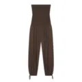 Gedetailleerd overzicht van de bruine strapless jumpsuit met gesmokte top en geknepen enkels. - XS / Dresses / Donkerbruin