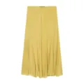 Yellow flowy long skirt detail view, elegant A-line silhouette, lightweight draped fabric design. - Bottoms / Yellow / XS