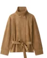 Giacca marrone in camoscio sintetico con collo alto, bottoni a pressione e cintura in vita. - XS / Top / Cammello