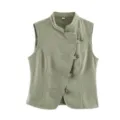 Close-up detail of the stylish retro stand-collar sleeveless denim vest with knot buttons. - S / Tops / Army Green