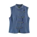 Blue denim vest detail showing Chinese knot buttons, mandarin collar and asymmetric placket. - S / Tops / Denim Blue