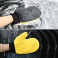 Double-sided coral fleece car wash mitt bear paw design soft cleaning tool for auto - Grey Yellow