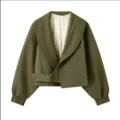 Olive green cropped lapel jacket women casual commuter long sleeve outerwear fashion coat - Army Green