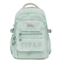 Detailansicht des mintgrünen Schülerrucksacks mit Sternenmuster und YIFAN-Buchstaben-Dekor. - Grün
