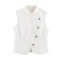 White denim vest detail, Chinese frog button closure, stand collar, casual sleeveless top. - S / Tops / White