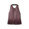 Close-up detail of the stylish mauve faux leather fringe halter top back and hem design. - S / Tops / Chestnut