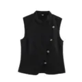 Detailed view of the black denim vest featuring Mandarin collar, knot buttons and sleeveless cut. - Black