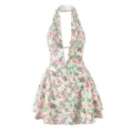 Geflammtes Neckholder Mini-Kleid mit Blumenprint, rückenfreies plissiertes Partykleid. - S / Kleider / Pastorales Blumenmuster