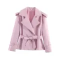 Women pink short trench coat with belt lapel autumn stylish casual outerwear jacket apparel - Pink