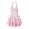 Rosa-weiß kariertes Neckholder-Kleid, süßer, pikanter Stil, Rüschen, ärmelloses Sommerkleid. - S / Kleider / Rosa Kariert