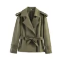 Women Army Green Short Trench Coat Autumn Casual Lapel Belted Jacket Outerwear - Green