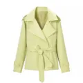 Mujer corta gabardina verde claro con cinturón elegante solapa chaqueta de otoño ropa - XS / Amarillo claro