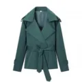 Women's short trench coat jacket dark green lapel waist belt casual autumn outwear style - Dark Green