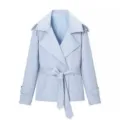 Chaqueta gabardina corta azul claro para mujer con cinturón, elegante solapa de otoño. - Azul claro