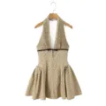 Französisches Pünktchen-Minikleid mit Halfter und Rüsten sowie Schleife für Damen chic - S / Kleider / Khaki Gepunktet (8135)