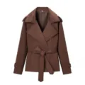 Chaqueta trench corta marrón para mujer con cinturón, diseño de solapa clásico para otoño. - XS / Marrón
