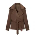 Brown short trench coat for women with belt, classic lapel design for autumn style. - Dark Coffee