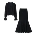 Black lace two-piece set featuring a v-neck long sleeve top and high waist mermaid skirt. - S / Top And Bottom / Black